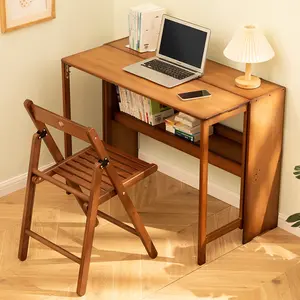 Walnut Brown Bamboo-Steel Folding Computer Desk, Space-Saving Home Office Table with Storage Shelves & Steel Hinges, Multi-Use Writing Desk for Dorms Small Apartments, Computer Desks