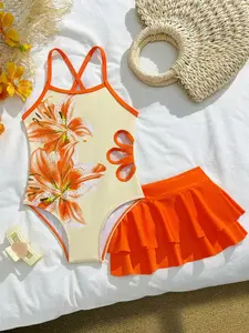 Girls' Lily Print One-Piece Swimsuit with Matching Short Skirt, Fashion Casual Two-Piece Set, Waist Petal Cut-Out Design, Swimwear Sets