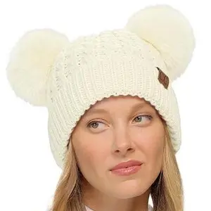 C.C Double Pom Pom Beanie Hat with All-Over Cable Knit Pattern for Women – A Playful and Cozy Winter Accessory for Stylish Warmth