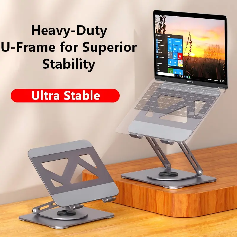 360° Rotating Base Laptop Stand for Desk - Heavy-Duty Ergonomic Riser with Open Ventilation, Adjustable Height & Angle, Foldable Stable Holder for 10-17 in Laptops & Tablets, Ergo Support, Prevents Overheating, Ideal for Office, Dorm Room, Gaming Setup