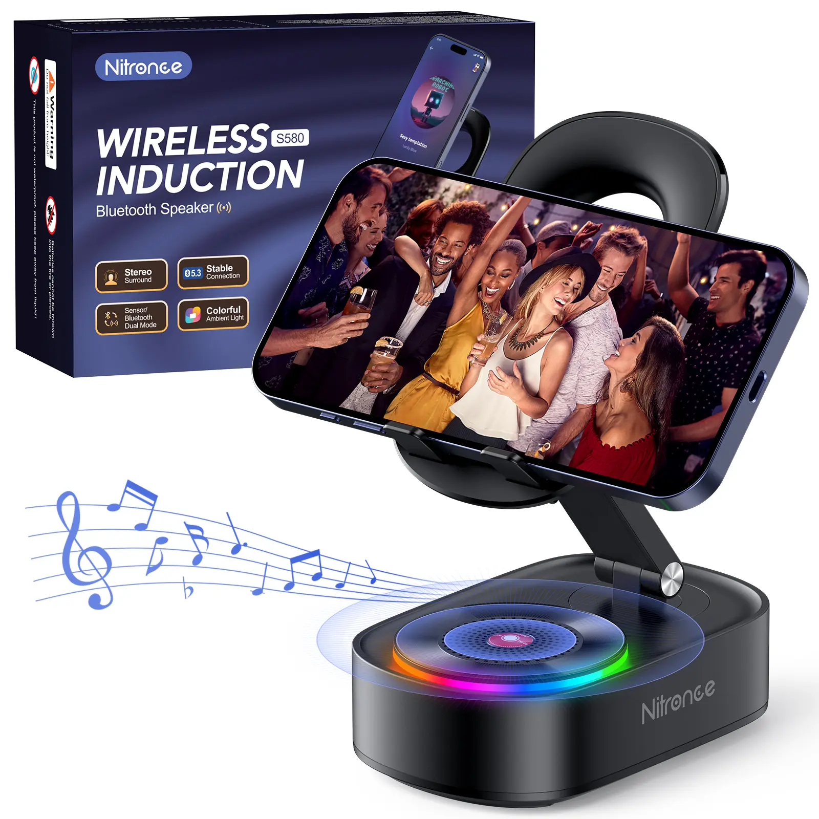 Wireless Induction Bluetooth Speaker Stand - 5-in-1 Cellphone/Tablet Holder, 3500mAh Rechargeable Emergency Power Bank, 360° Adjustable, Colorful Ambient Light, Speaker Bluetooth Gift for Men, TikTok Shop Back to School, Bluetooth Speakers