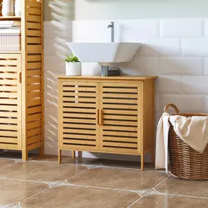 Freestanding Bathroom Sink Cabinet Bamboo Under Sink Cabinet Cupboard Organizer with 2 Slatted Doors Natural U-shaped Design for Maximized Storage Space-Saving Eco-Friendly Look