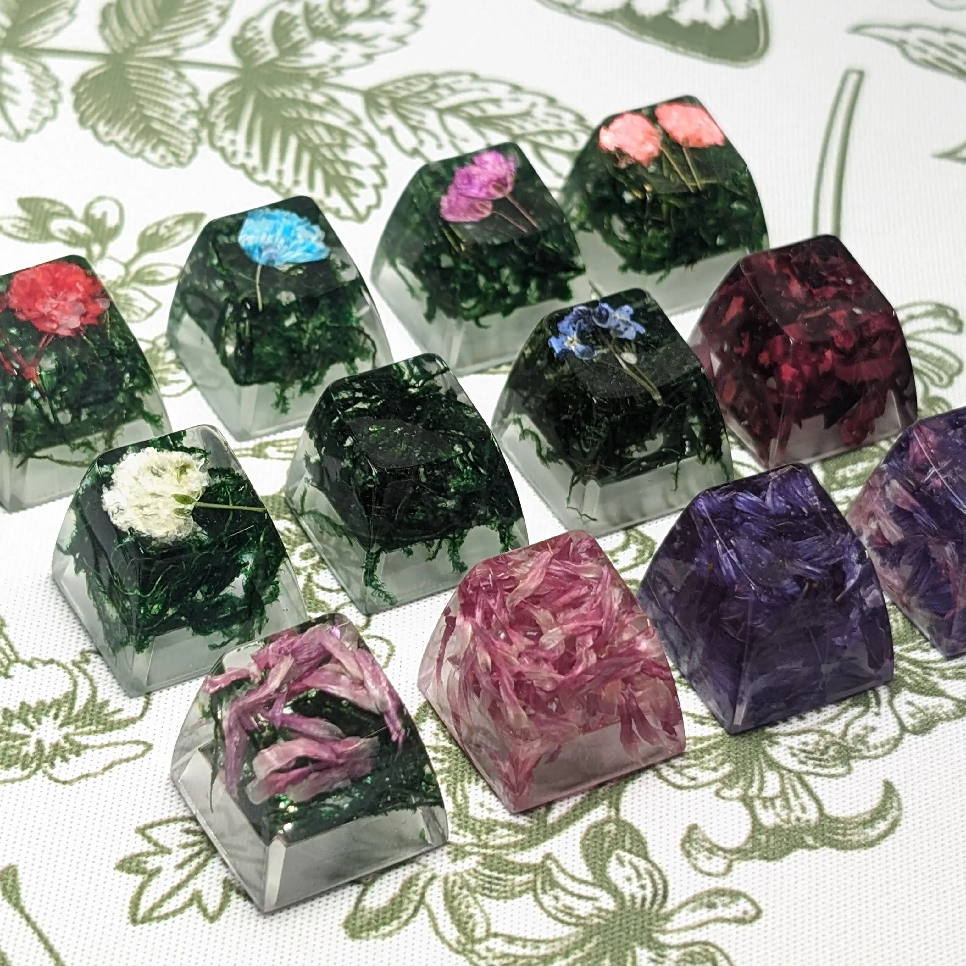 Flower and Moss Keycaps, Resin Custom Keycaps