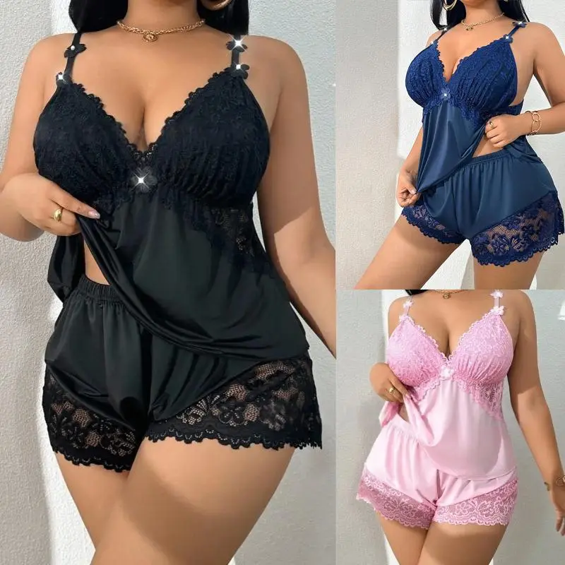 AVTKV Women's 3-Pack  Lace Trim Lingerie Pajama Set - Cozy Soft Cami Top & Shorts, Casual Everyday All-Season Sleepwear Loungewear, Style, Adjustable Fabric Womenswear, Basic Fit Black Minimalist Spaghetti Strap, Comfortable, Pajama Sets Women, Adj