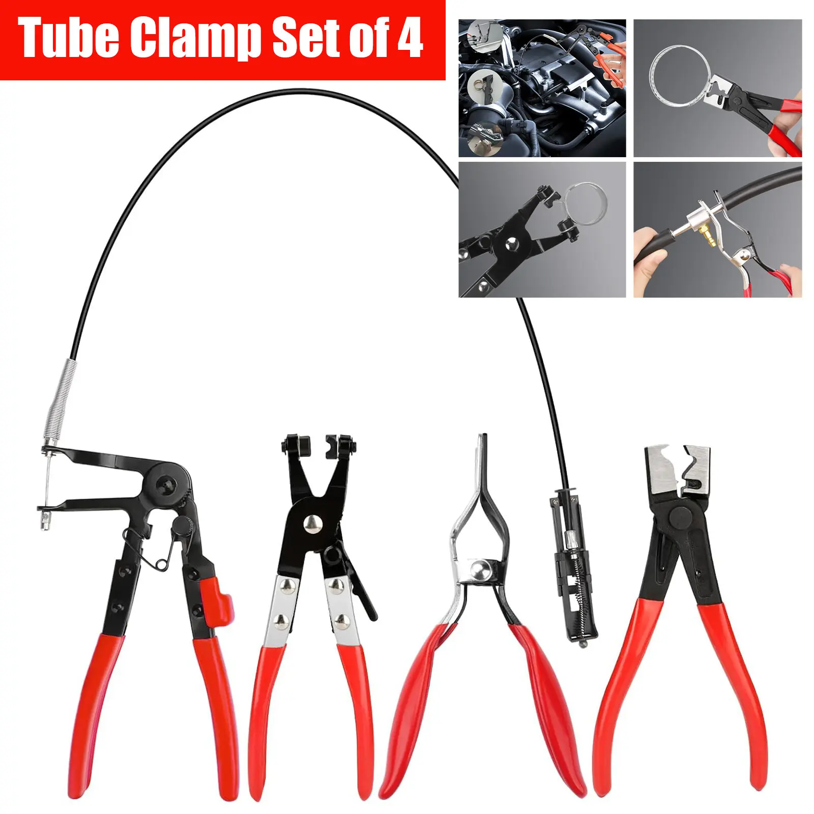 CarTok Tool 4Pcs Hose Clamp Pliers Set Long Reach Wire Remover Auto Repair Kit Radiator Coolant Alloy Steel Tight Space Gifts For Men