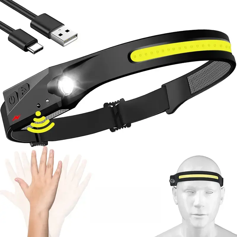 Rechargeable Silicone Headlamp with Headband, Camping Gear, 230° Super Wide Beam, High Brightness, 5 Modes with Motion Sensing, Waterproof Flashlight, Suitable for Running & Camping, Multifunctional LED Headlamp bright head light cob headlight