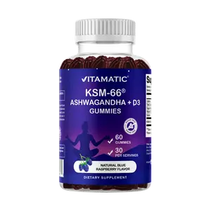Vitamatic KSM-66 Ashwagandha + D3 Gummies Natural Blue Raspberry Flavor Sugar Free Gluten Free Non-GMO 60 Gummies