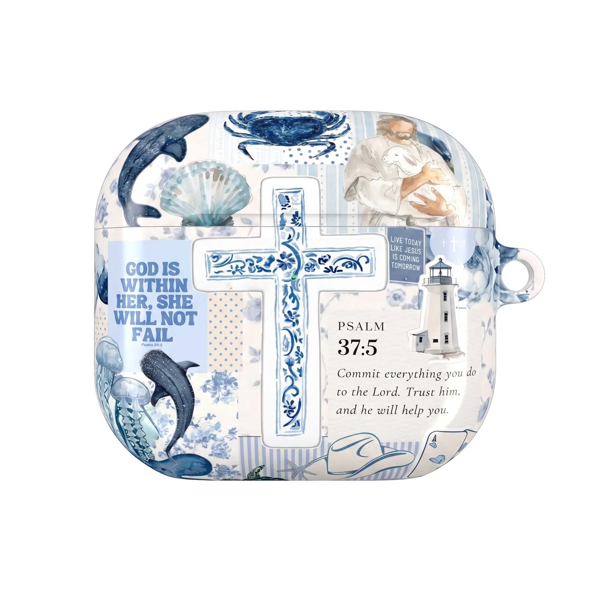 Christian Ocean AirPods Case, Psalm 37:5 Bible Verse Cross Glossy Protective Cover, Blue Coastal Faith Aesthetic Earbud Case Gift for Her