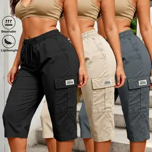 Women’s cargo capris with multiple pockets, elastic drawstring, high waist, lightweight and breathable athletic pants—casual outdoor streetwear for everyday wear