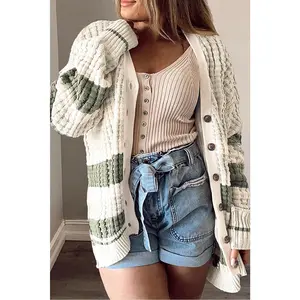 White Plus Size Color Block Cable Knit Buttoned Cardigan