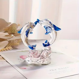 Crystal Double Dolphin Statue| Double Dolphin Cross Neck + Gilded Wave| Qixi Valentine's Day Luxury Gifts, Living Room Desk Healing Decoration