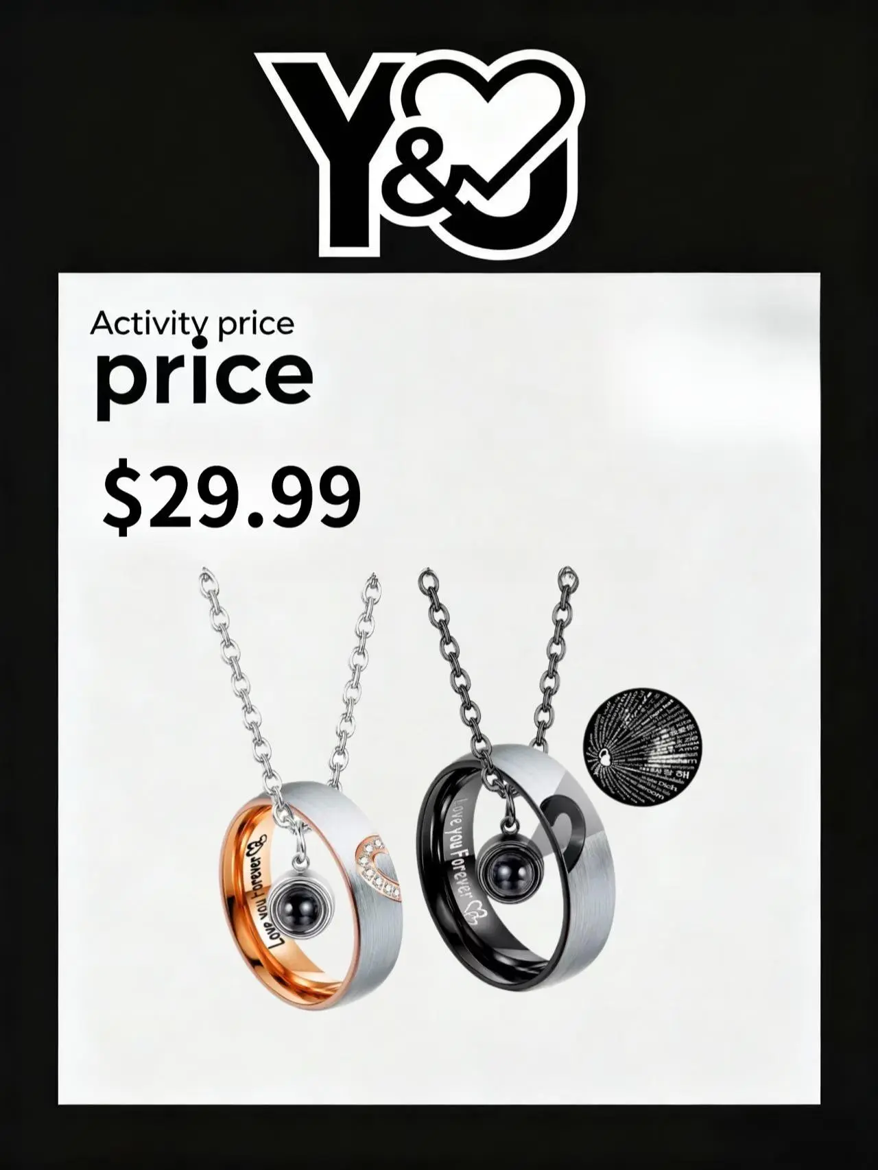 Matching Couple Rings & 100 Languages "I Love You" Secret Projection Necklace Set - Stainless Steel Promise Jewelry Gift