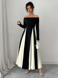 Women's Colorblock Off Shoulder Long Sleeve Dress, Elegant A Line Dress for Party Holiday Wedding Guest Gown, Chic Ladies Spring & Fall Clothes Valentine's Day, Gift, Elegant Dresses