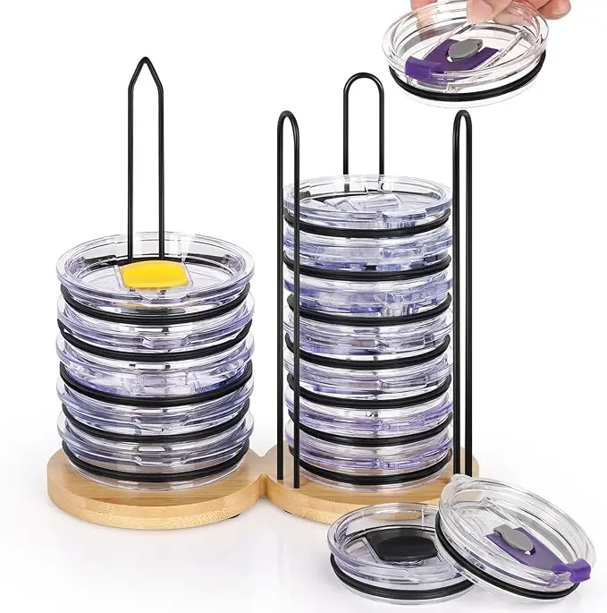 Tumbler Lid Organizer, 2 IN 1 Stacking Tumbler Lid Holder Vertical Storage for Up to 20 Lids, Space-Saving Design Cup Lid Organizer Storage Rack for Kitchen Cabinet and Countertop Organization