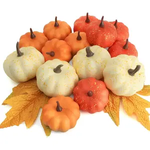 16PCS Realistic Mini Pumpkin, Fall Decor with Pumpkins Maple Leaves, Artificial Pumpkin for Autumn Filler, Decorations for Halloween Thanksgiving Fall Home Decor