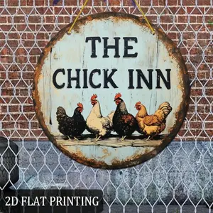 Vintage Chicken Pattern Round Sign, Vintage Metal Sign, 2D Flat Sign, Outdoor Yard Sign, Country Farmhouse Sign, Retro Kitchen/Bar/Home Decor, Unique Gift Ideas