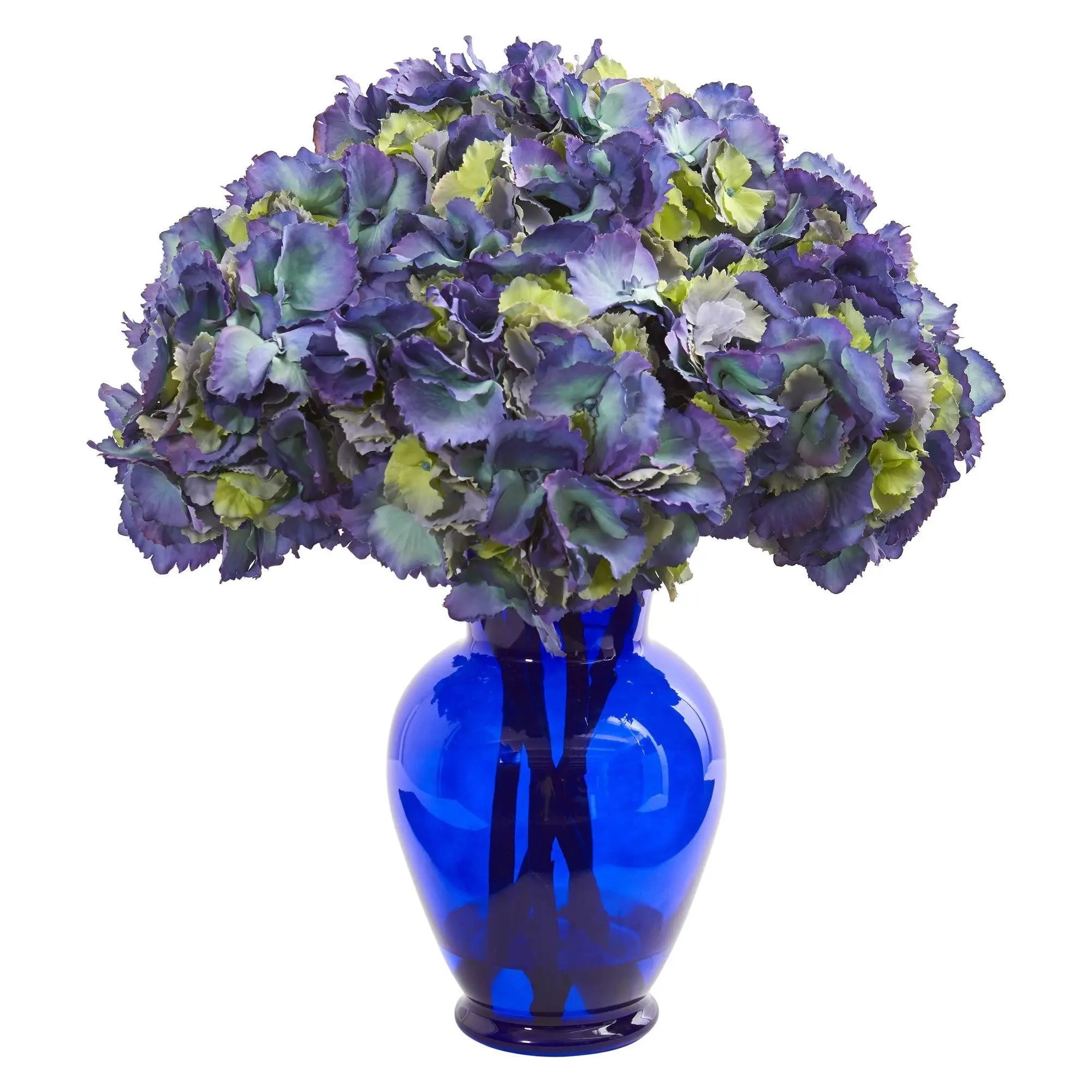 Variegated Synthetic Hydrangea Floral Arrangement in Blue Glass Vase - Decorative Home Decor Accent Piece, Tabletop Ornament for Living Room, Bedroom