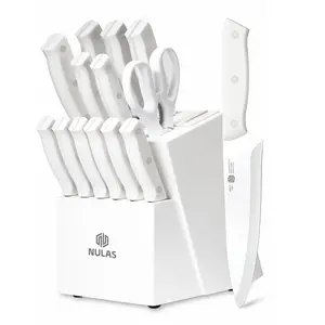 Knife Set, 15 Piece Kitchen Knife Set with Block Self Sharpening, Stainless Steel Dishwasher Safe, Anti-slip Handle, White