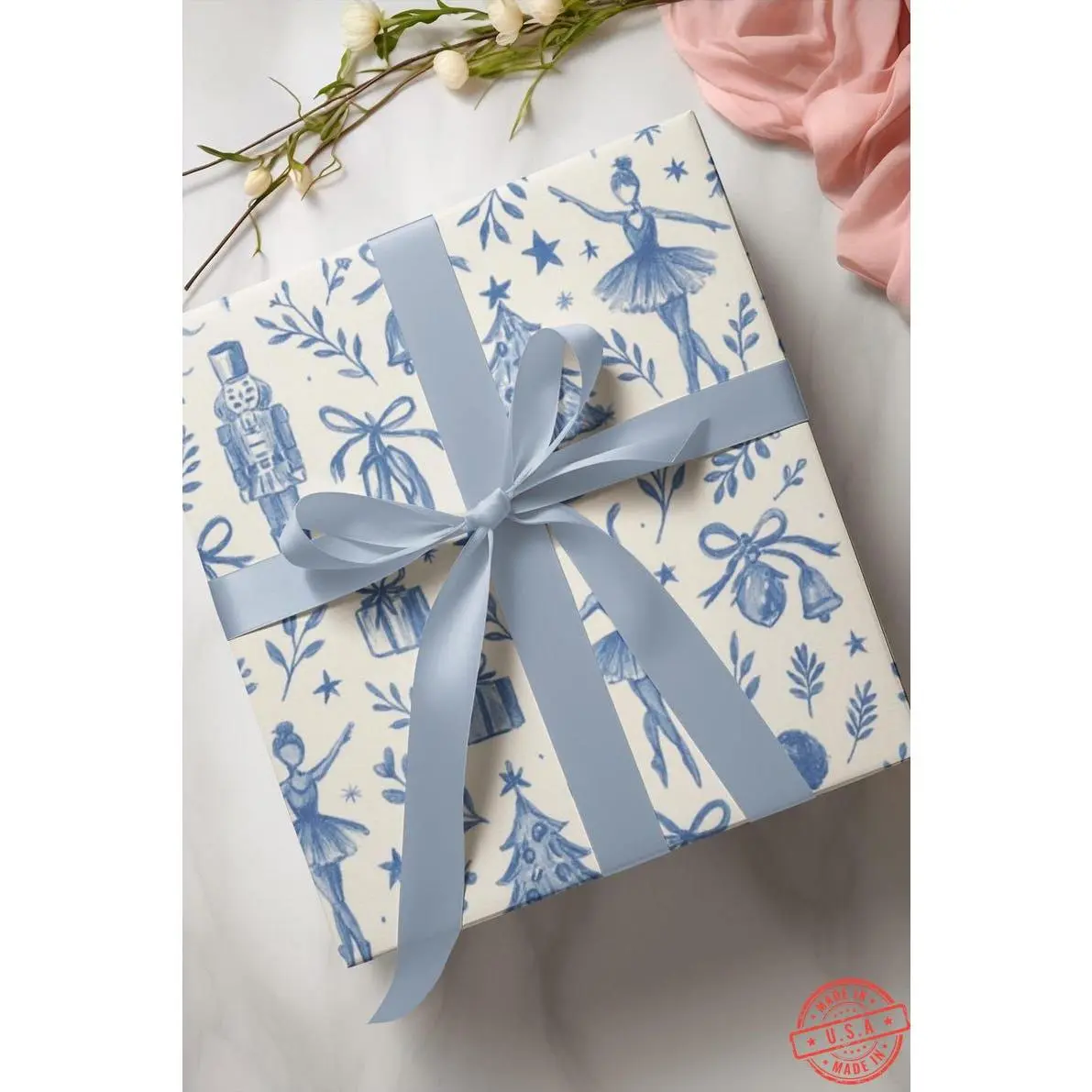 Christmas Themed Gift Wrapping Paper - Nutcracker in Toile Pattern, Holiday Decor, Festive Present Wrap, Cobalt Blue Watercolour Design
