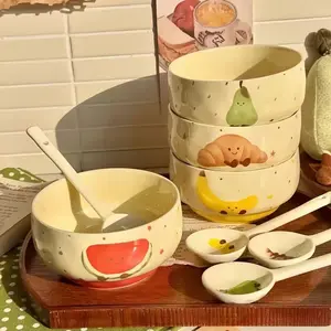 Aesthetic Viral Kawaii Cute Fruit Hand-painted Ceramic Bowl, Food Grade Lead & Cadmium Free Anti-scald Soup Bowl, Dishwasher Microwave Safe Tableware for Ramen Oatmeal, Cute Gift for Girls Kawaii Lovers Home Kitchen, Ceramic Salad Bowls
