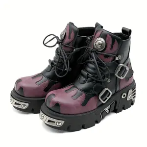 Women'S Chunky Platform Punk Boots - High-Top Lace-Up with Metal Buckles & Zippers, Purple & Black PU Cover, Breathable Mesh Lining, Durable PU Sole for All-Season Comfort, High Heel Boots, Comfortable Footwear, Round Toe Design, Sturdy Con