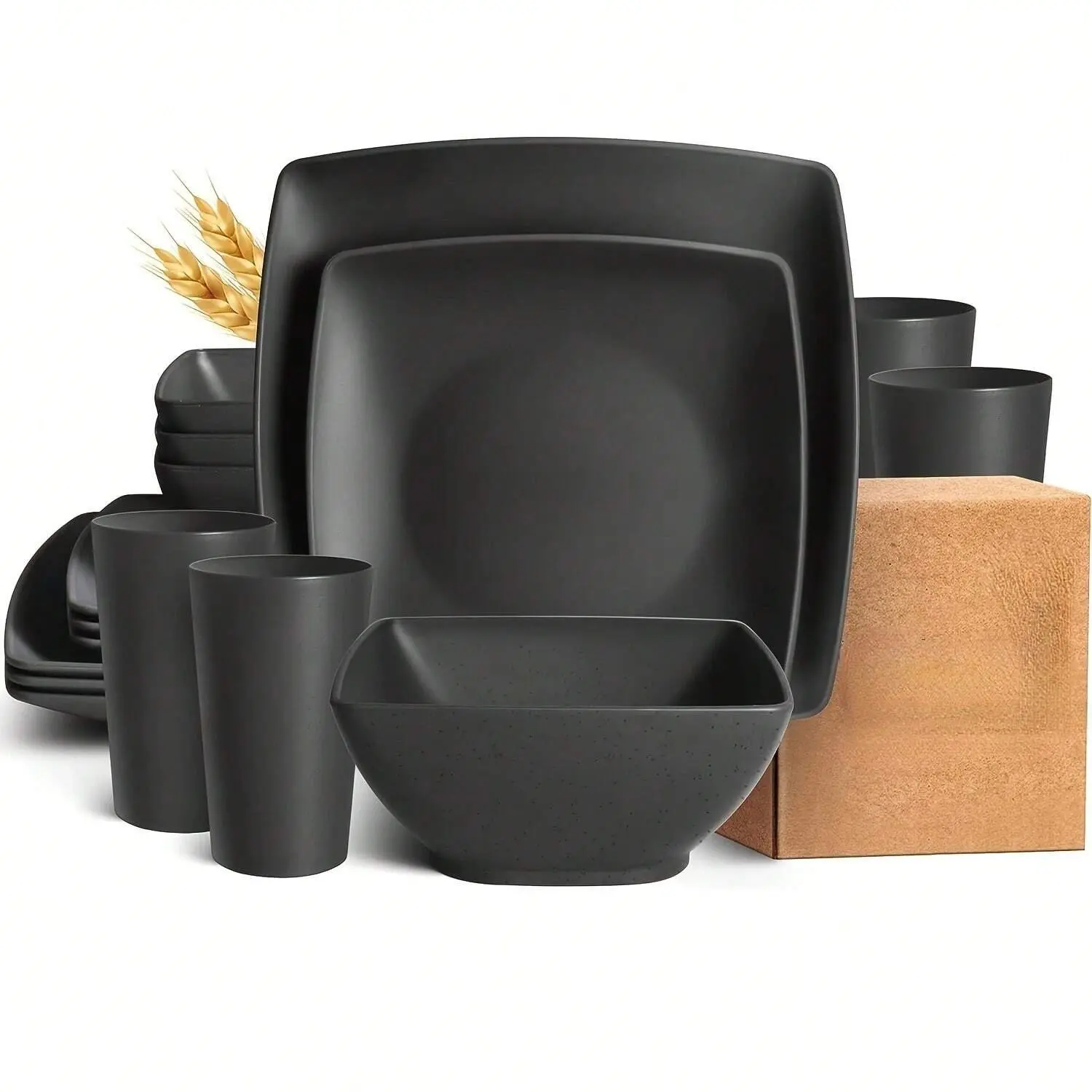 16-piece Plastic Wheat Straw Square Dinnerware Set for 4, Unbreakable Dinner Plates, Salad Plates, Snack Bowls, Tumblers 13.5 oz, Dishwasher Safe, Kitchen Outdoor Camping,Black