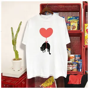 Balloon Cat Traveler T-Shirt Modern Streetwear Oversized Trendy 100% Cotton Graphic Tee Unisex White