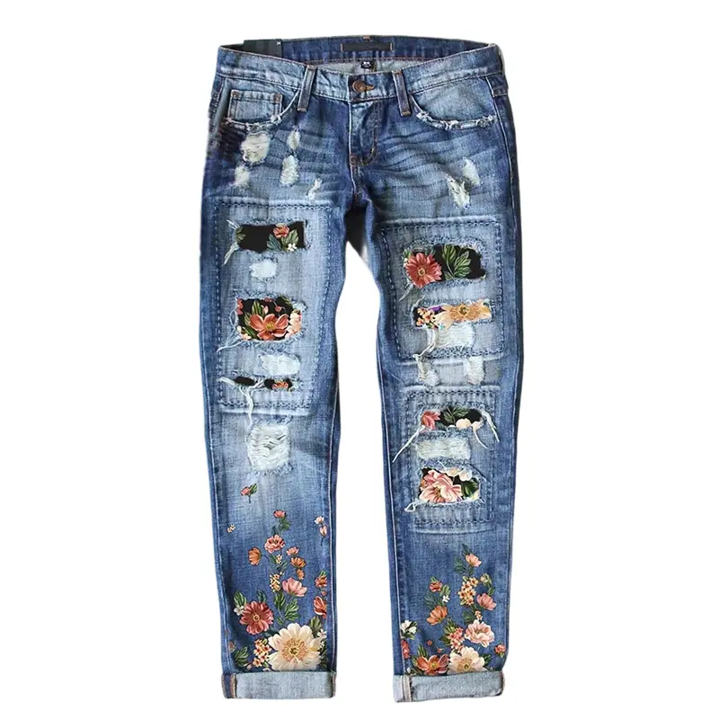 Women's Vintage Washed Distressed Denim Jeans, Fitted Bottom with Cherry Blossom Floral Appliqué Embroidery, Unique Patchwork Design, Ideal for Casual Wear, Valentine's Day