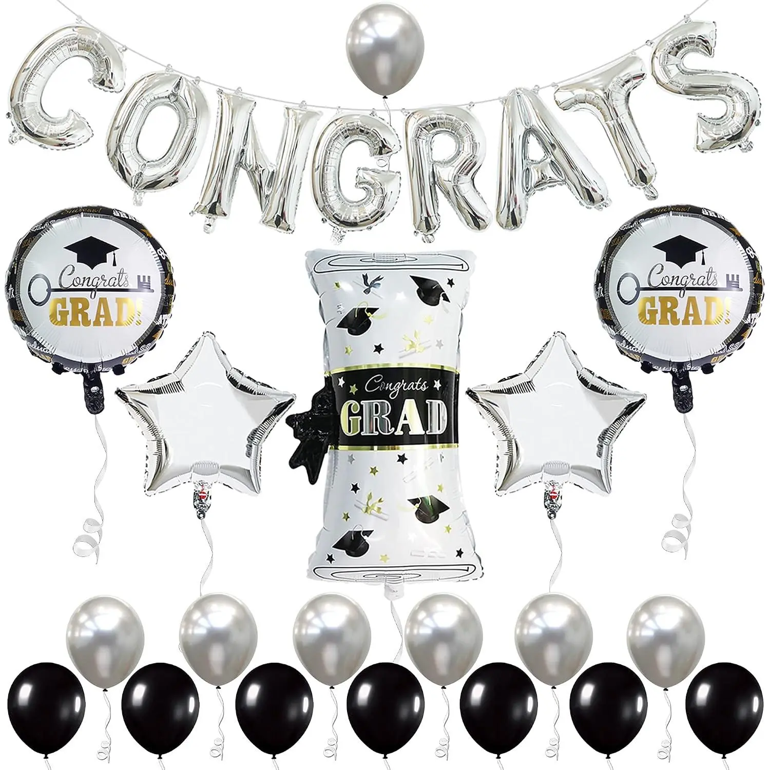 Silver Congrats Balloon Set - Huge 28 InchPack Of 27 | Congratulations BalloonsBlack And Silver Graduation Decorations 2024 | Graduation BalloonsGraduation Decorations Class Of 2024..