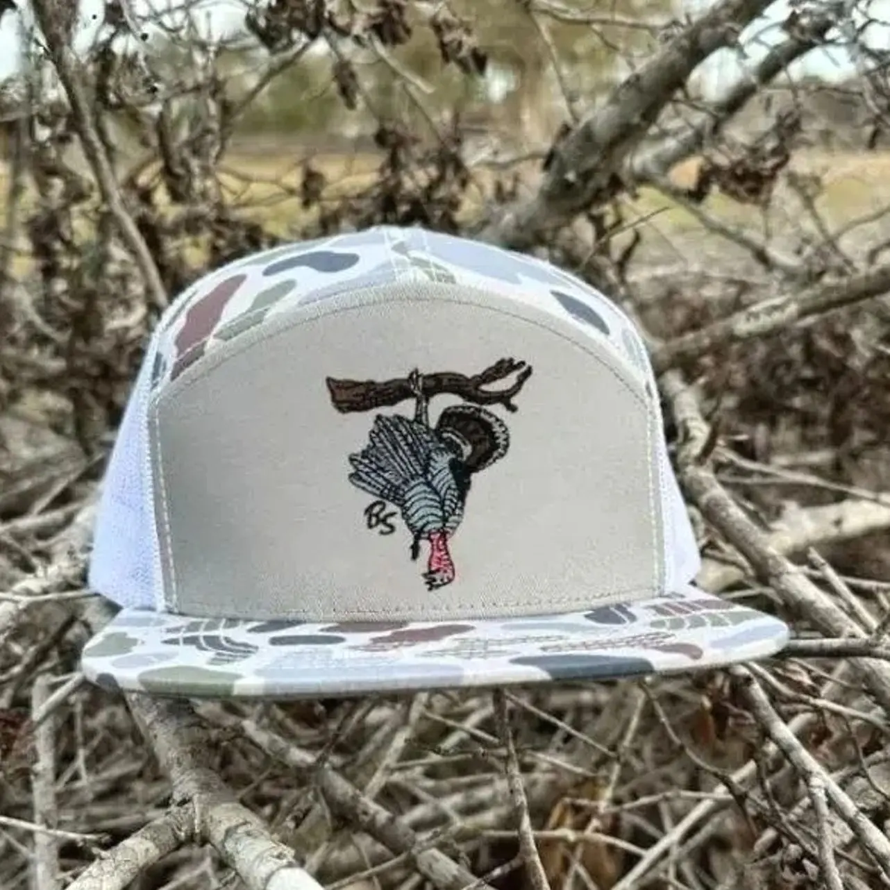 Turkey Down Hunting Camo Trucker Hat, Embroidered Wild Turkey 7 Panel Snapback, Mesh Outdoor Hunting Cap for Hunters Gift For Him, Gift For Dad