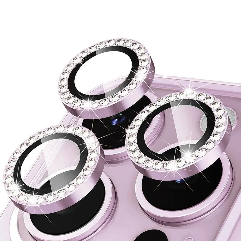 Glamour Bling Camera Lens Cover for iPhone 14-17 - Silver/Pink Rhinestone Camera Protection
