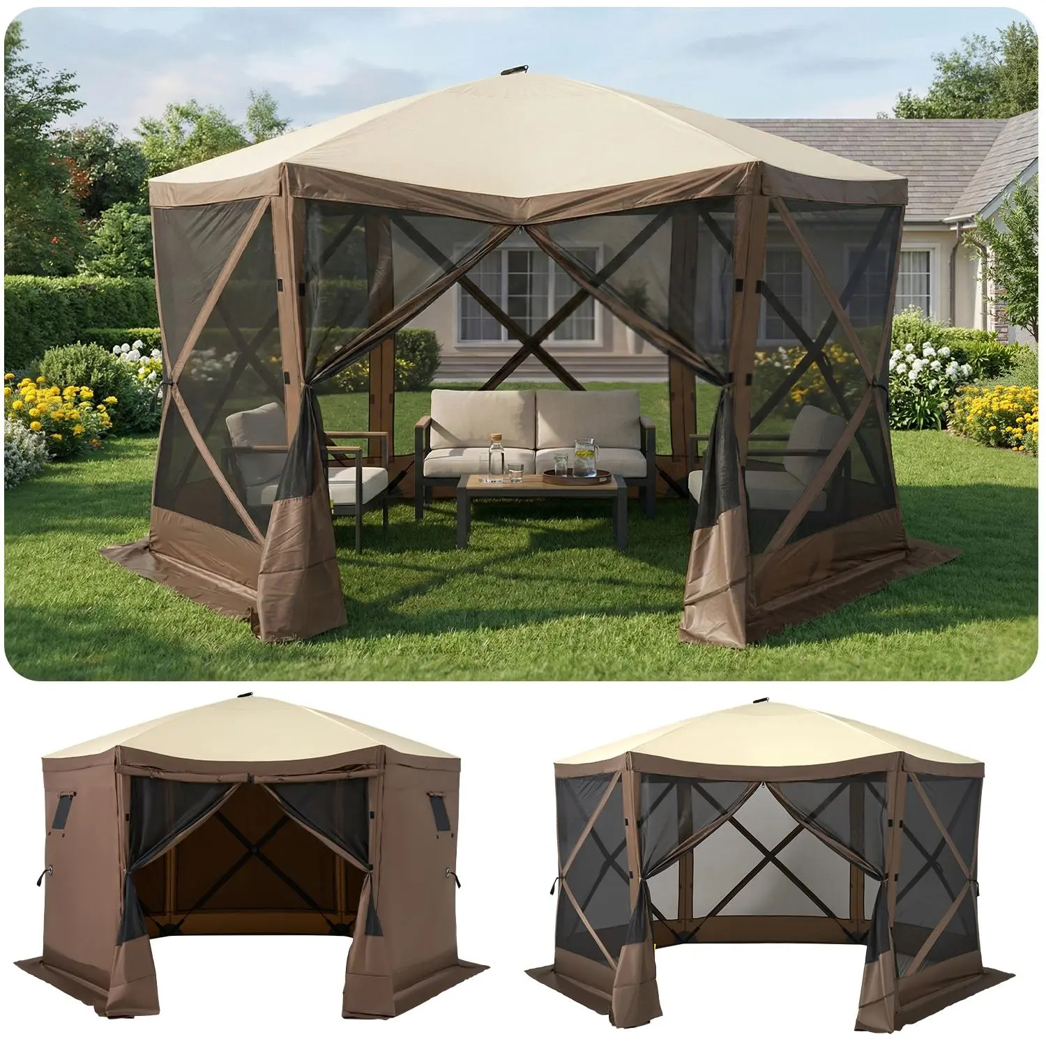 Aoxun 6-Sided Pop-up Sunshade Canopy - Portable Instant Oxford Fabric Canopy with UV Protection, Ground Stakes, Carry Bag for Camping, Backyard, Outdoor Canopy Shelter
