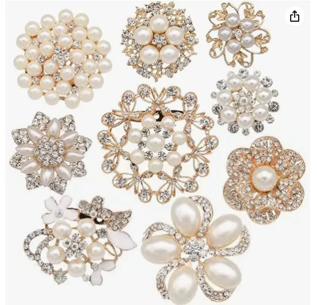 9pcs Rose Golden Tone Rhinestone brooches, Big Pearl Crystal Wedding Bouquet kit Set, Great For Birthday, Party, Christmas, Thanksgiving, Wedding Anniversary