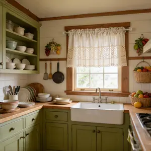 1PC Faux Linen Valance for Windows Farmhouse Kitchen Valances Patching Retro Crochet Edging Rod Pocket Farmhouse Country Rustic Bathroom Small Window Treatment (59x18 inch, Natural)