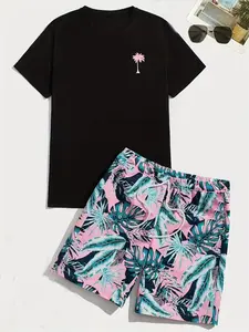 Men's Coconut Tree Print T-Shirt and Tropical Shorts Set, Casual Fitted, Summer Fashion, Comfortable, Breathable and Stylish