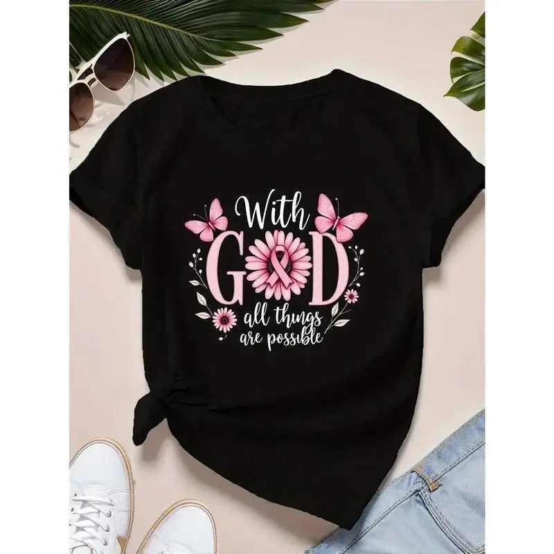 “With God all things are possible” Women’s T-Shirt – Inspirational quote with floral and butterfly design, casual short sleeves, crew neck