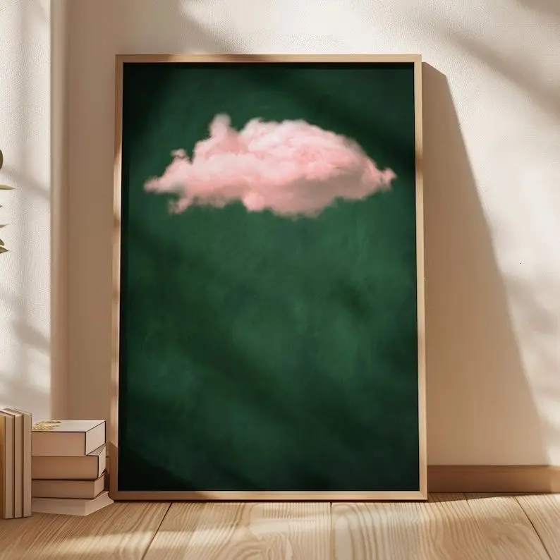 Emerald Green Pink Cloud Print, Emerald Green Wall Art, Abstract Art Print, Minimalist Wall Art, Maximalist Decor, Dark Green Poster