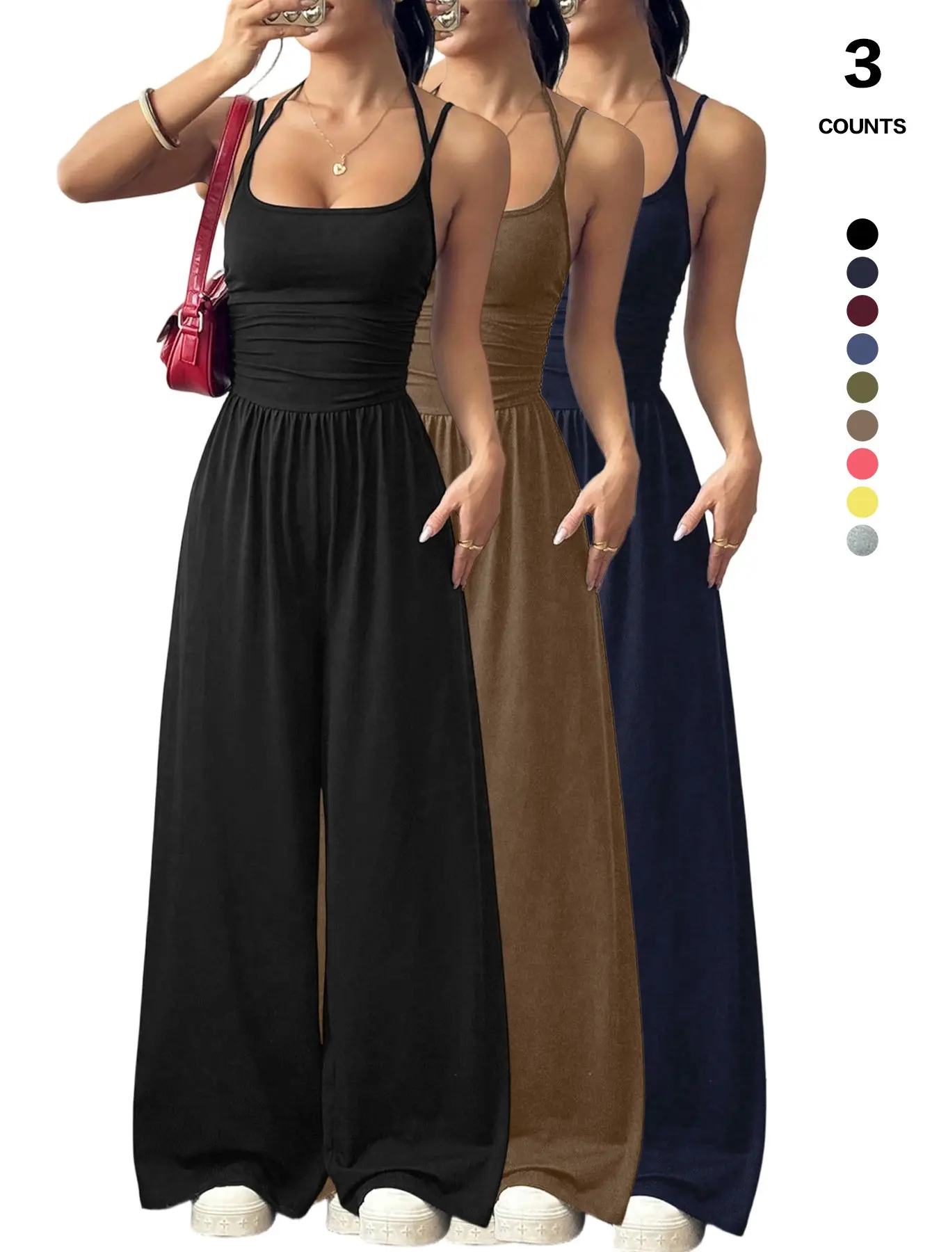 Women's 1 Piece/3 Pieces Spaghetti Strap Sleeveless Casual Wrap Romper Set, Slim-Fitting Versatile Home Wear, Suitable for All Seasons, Womenswear