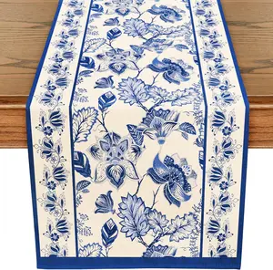 Table Runner Blue Floral 13 X 72 Inch Seasonal Spring Summer Farmhouse Indoor Kitchen Anniversary Wedding Dining Table Decorations Home Party