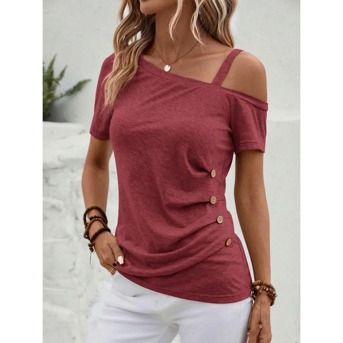 Lady's Basic Women's Asymmetrical Neck Blouse - Short Sleeve, Regular Fit Shirt, Faux Button Detail, Stretch Viscose-Polyester Knit Fabric