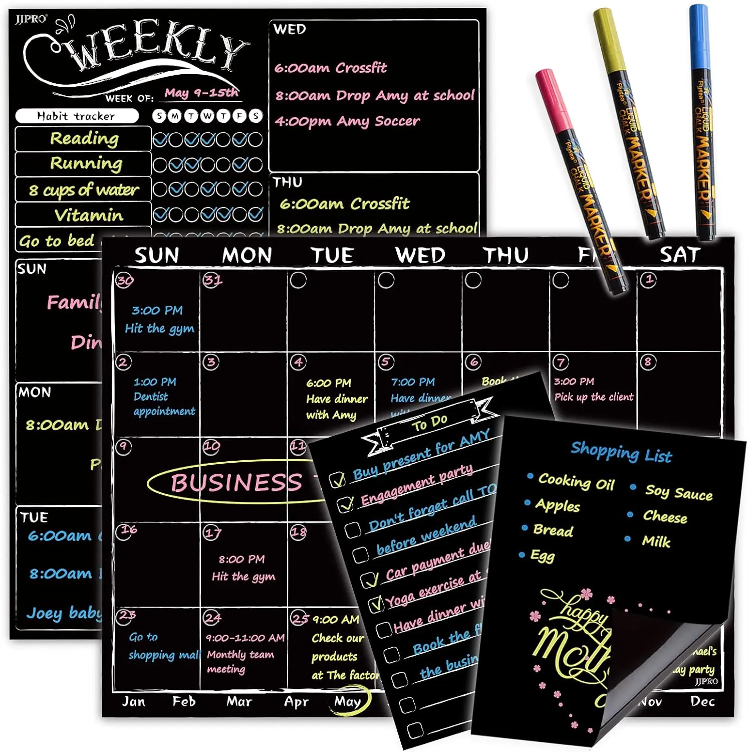 Magnetic Monthly-Weekly Combo Chalkboard Set for Family, Waterproof Erasable Office Stationery Film, Neon Liquid Chalk Markers, Custom Color & Planning Options, Easy Writing & Cleaning, Bonus Fridge Grocery List & Notepad, Chore Tracking Tool, Refrigerato