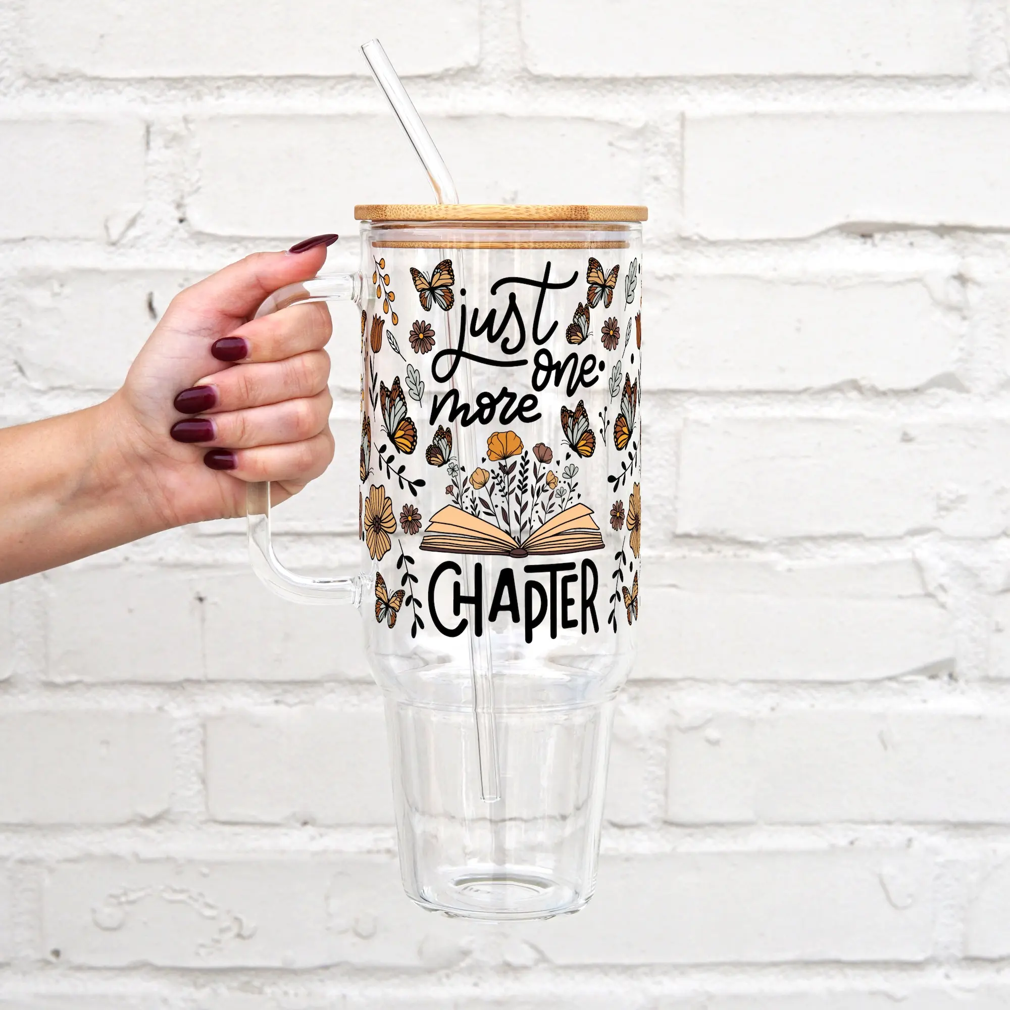 Book Lover 40oz Glass Tumbler with Bamboo Lid and Straw, Iced Coffee Cup