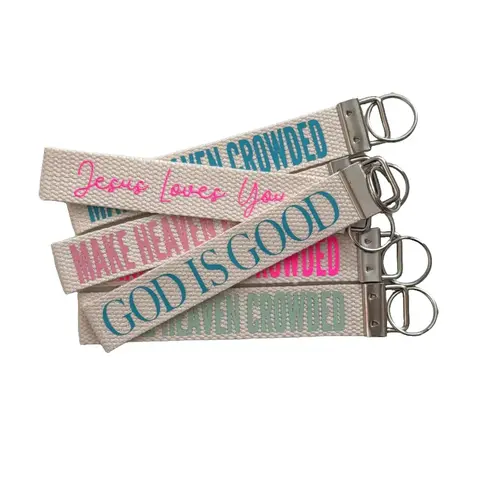 Christian Charm Keychain Wristlet Key Holder - 100% Durable Cotton Fabric, 1" Wide Ivory Band, Bible Verse "Make Heaven Crowded" Faith Message, Everyday Trendy Accessory for Backpack, Fashion Costume Jewelry