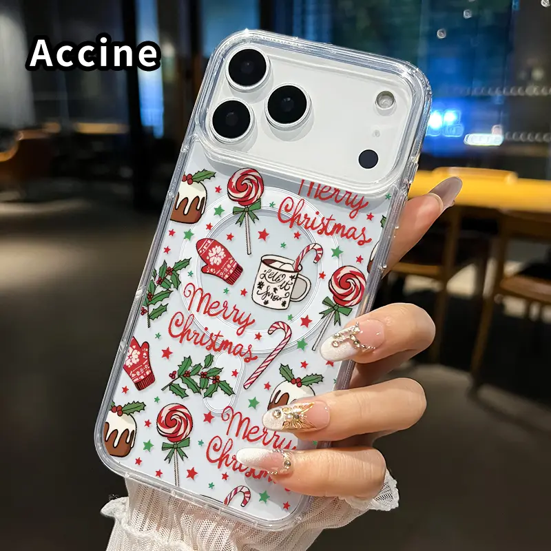 Transparent Magnetic Smartphone Case for iPhone 17/16 Pro Max Plus/15/14/13/12/11/Air E, Christmas Delight Patterned Acrylic Back, Non-Slip Handheld Cellphone Cover with Wireless Protection, Gift Option, Casing, Accessories