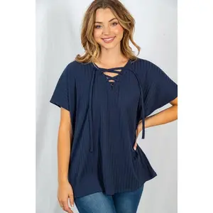 Navy Blue Lace Up Top