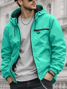 Men's Casual Outdoor Windproof Zipper Jacket, Long Sleeve, Durable Anti-Wrinkle Fabric, Drawstring Hood and Pockets, Modern Street Style, Spring & Fall