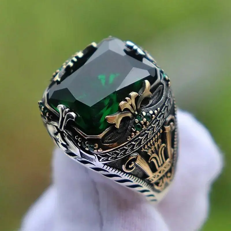 Men's Luxury Inlaid Emerald Ring - Chic Emerald Ring, Unique Retro Domineering Statement Jewelry for Banquet Party Fashion Costume Accessories, Unique Rings