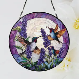 Hummingbirds And Lavender Flowers Stained Glass Suncatcher, Stained Glass Birds, Wall Hanging Ornament, Indoor Decor, Glass Sun Catcher