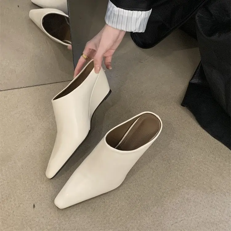 ReneChristine Women's Pointed-Toe Wedge Mule Shoes - Sleek, Versatile Daily Footwear Available in Black, White, Brown Options, Shoe