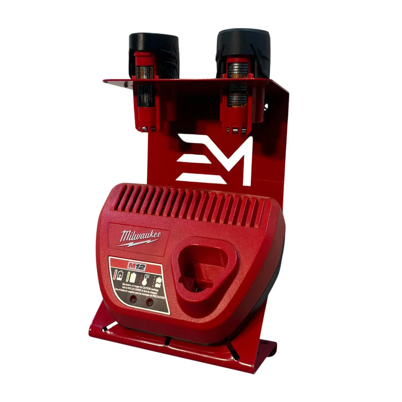 Charger and Battery Mount - Compatible with Milwaukee 12v Battery - Rust-Resistant Red Powder Coat - Holds 2 Batteries and 1 Charger - Includes Mounting Hardware
